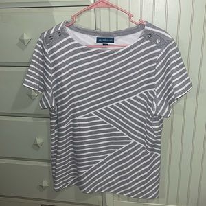 White and gray striped short sleeved Karen Scott shirt